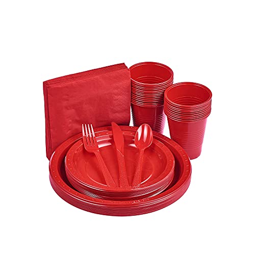 175 PCS Red Plastic Dinnerware Set Includes 50 Plates 25 Cups 25 Napkins 25 Cutlery Spoons Forks & Knives Disposable Dinnerware Set Red Party Supplies Set