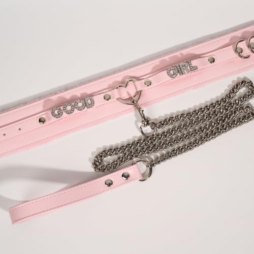 Pink Furry Heart O-ring Leather Choker and 38" Aluminum Chain Leash Set by ADEMISHIA - Used condition - Image 4