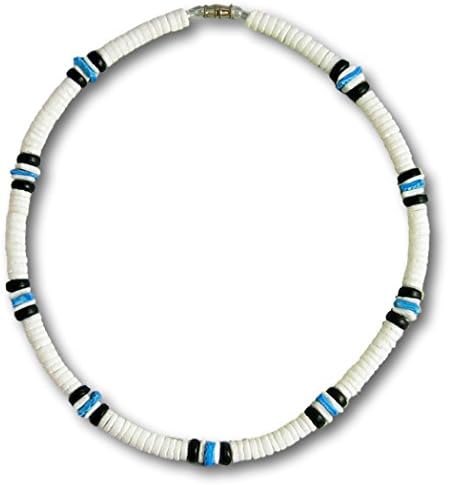Native Treasure 15 inch Mens/Womens White Clam Heishe Puka Shell Necklace Blue Chip 2 Black Coco Surfer Beach Necklace - 8mm (5/16")