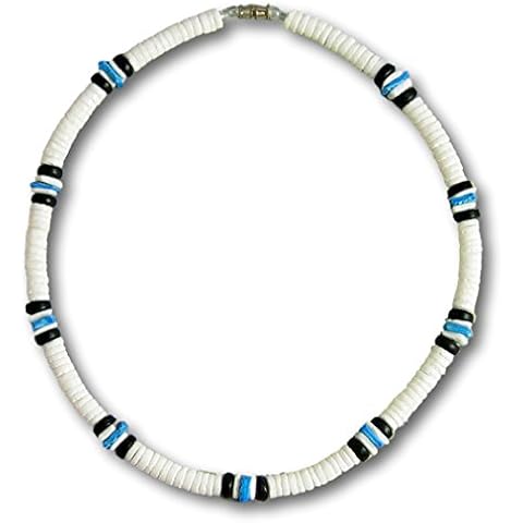 Native Treasure - 20 inch Mens White Clam Heishe Puka Shell Necklace Blue Chip 2 Black Coco Surfer Beach Necklace - 8mm (5/16") Cover