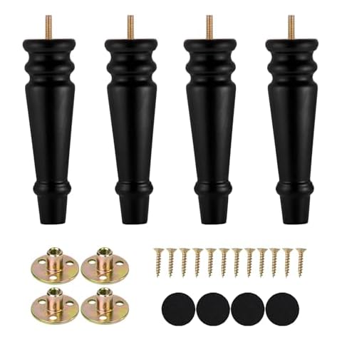 Maricome Furniture Legs 8 inches Set of 4 Wood Replacement Legs for Sofa Couch Cabinet Chair Black Solid Round Turned Screw in Cover
