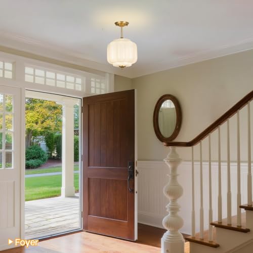 Image of 9.4 inch Milk Glass Semi Flush Mount Ceiling Light Fixture, Vintage Gold Ceiling Lamp for Hallway, Kitchen, Bedroom, Entryway, Antique Mid Century Lighting with Scallop Shade for Small Rooms