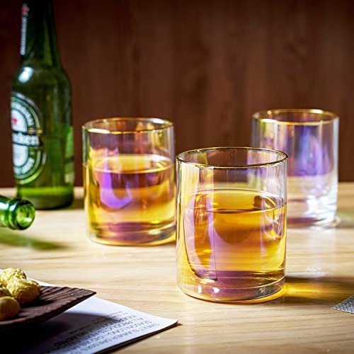 Mygift 15 Oz Modern Iridescent Lowball/Old Fashioned Rocks Glasses With Gold Rim, Set Of 6 / Drinking Tumbler Beverage Whiskey Glass #TOP2