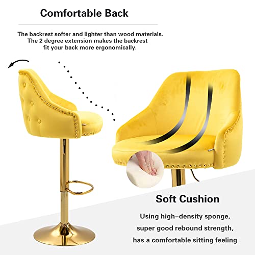 Qqu Modern Bar Stools 360°Swivel Velvet Adjustable Counter Bar Stool With Arm, Back And Footrest Modern Upholstered, Barstools For Kitchen Island, Cafe, Pub, Bar Counter(Yellow) #TOP5