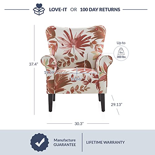 Belleze Modern Accent Chair Armchair For Living Room Or Bedroom With Wooden Legs, High Back Rest, Padded Armrest, And Comfortable Cushioned Seat - Allston (Red Floral) #TOP2