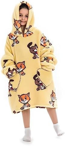 Moinlizy Wearable Blanket Kids, Cozy Oversized Wearable Blanket Hoodie Flannel with Pocket, Warm Blanket Sweatshirt for Girl Boy Gift, Soft Hoodie Blanket, Cat Dog