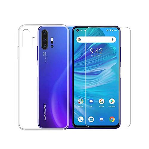 QFSM Transparente Funda + Cristal Templado para Umidigi F2 (6.53"), Shell Silicona Carcasa Suave TPU Case Cover y 9H Dureza Duradera Protectora Pantalla Glass Film Protector -Clear
