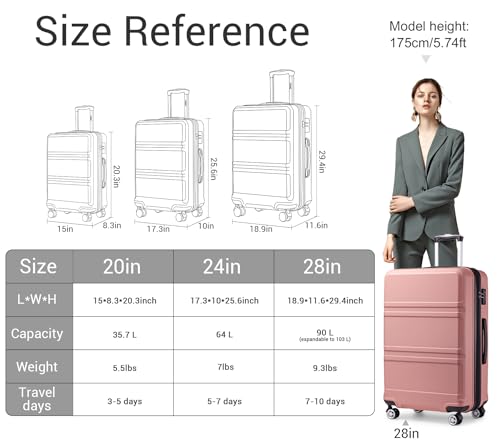 Kono 3 Piece Luggage Sets Expandable(only 28\") Lightweight with Spinner Wheels TSA Lock Hardside Travel Rolling Suitcases 20in 24in 28in Carry on Nude/Rose Gold