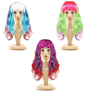 Kurtzy Pelucas Sinteticas Largas Multicolor Rizado (Pack de 3) 68 cm – Pelucas Disfraz Ondulado Arcoíris con Flequillo y Cinta Elástica – Peluca Mujer y Chica Cosplay, Halloween, Fiestas