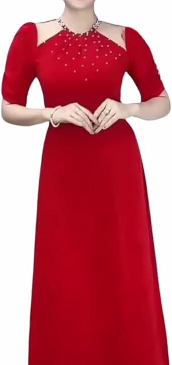 Vietnamese Traditional Womens Ao Dai Set, Camisole Collar, Mango Silk, Puff Sleeves, Ao Dai and Pants Red, S