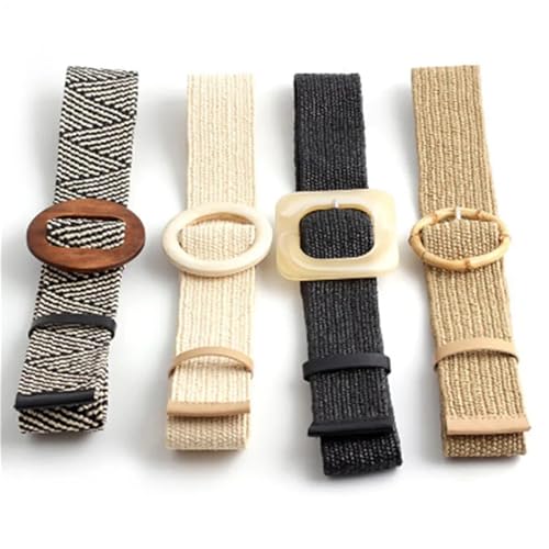 Straw Woven Belt Vintage Braided Waist Belt Solid Female Round Wooden Buckle Straw Elasticity Belts2