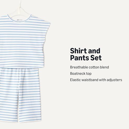 Amazon Essentials Unisex Babies x Sofia Grainge Baby Girl and Toddlers Cotton Pique Short Sleeve T-Shirt & Pants Set, Blue Uneven Thin Stripe, 2T
