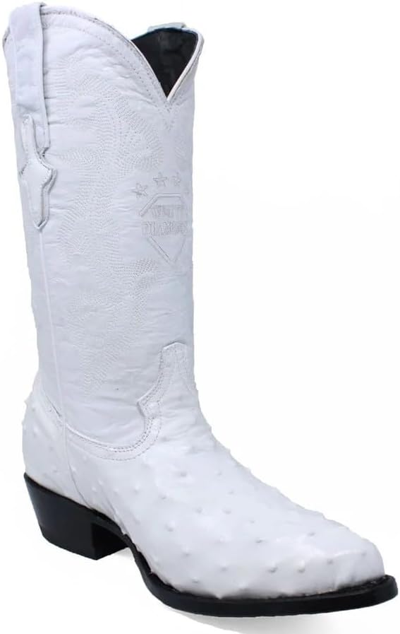 Men’s Genuine Leather Exotic Ostrich Print J-Toe Cowboy Western Boots - White