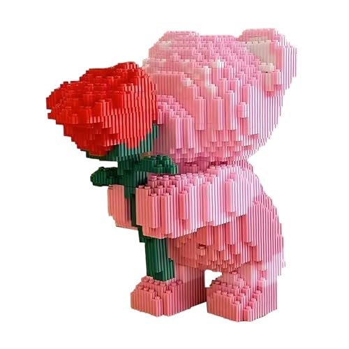 Starnearby Blocs de Construction Ours avec Rose, 20cm, Briques de Construction Ours, Ensemble de Construction Adulte, Décor, Cadeau Créatif de Saint-Valentin, Fête des Mères, Anniversaire (Rose)