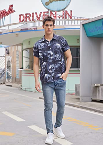 Goodstoworld Men's Hawaiian Skull Shirts Skeleton Print Beach Aloha Tee Casual Short Sleeve Button Down Dress Shirt Polo T-Shirt Dude Summer Clothing 3D Painting Tops #TOP3