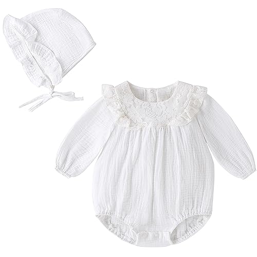Image of Booulfi Baby Girl Easter Outfit Bubble Romper Spring Summer Romper Newborn Long Sleeve White Baby Coming Home Birthday Photoshoot Jumpsuit with Hat 6-9 Months
