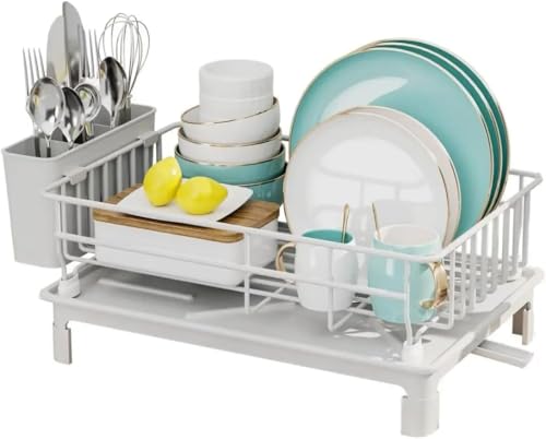 Housekeeper Escurreplatos con bandeja de goteo, escurridor de platos de acero inoxidable con soporte para utensilios, boquilla de drenaje giratoria, escurridor de fregadero de cocina que ahorra