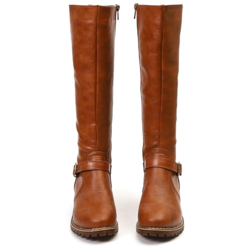 shownicer Stiefel Damen Blockabsatz Winterstiefel Bequeme Langschaft Damenstiefel Mit Reißverschluss A Braun 40
