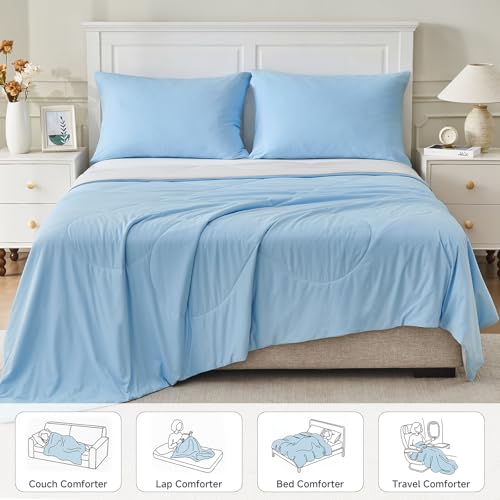 Image of HOMFINE Cooling Comforter Japanese Double-Sided Arc-Chill Cold Tech Fabric Cooling Blanket for Night Sweats Hot Sleepers, Q-Max 0.45 Soft Breathable Silk Smooth Lightweight Blue Summer Comforter King