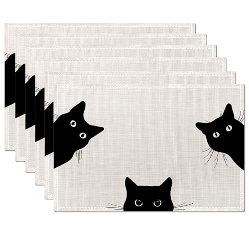 Black Cat Placemats Set of 6,Table Mats Non-Slip Heat Resistant Washable Placemat for Party Kitchen Dining Table Decoration Indoor Outdoor