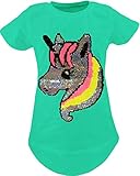 Größe : von 110 bis 152 Alpaka Einhorn Kinder Mädchen Wende Pailletten Lang T-Shirt Bluse Kurzarm Tunika (146-152, Einhorn Grün)