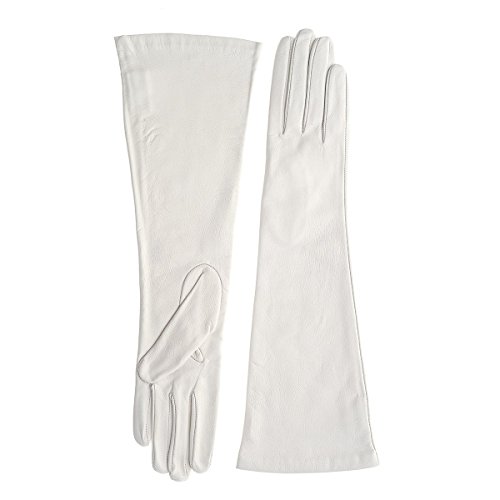 Silk Lined Long Black or White Leather Gloves (WHITE-SMALL)