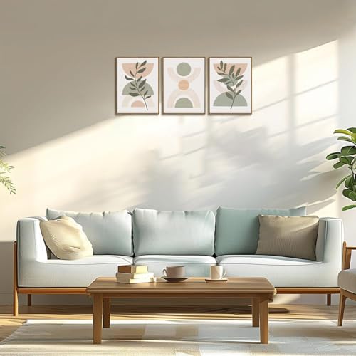 Bwodke Boho Wall Art, Framed Abstract Wall Art, Green Botanical Neutral Canvas Wall Decor, Large Mid Century Plant Pictures Set of 3, Modern Minimalist Paintings, for Bedroom Living Room Bathroom - Image 3