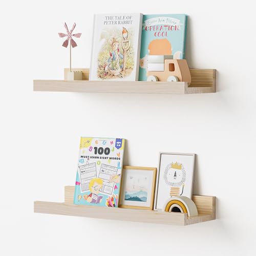Floating Shelves for Wall, 16 inch Solid Wood Picture Ledge Shelf, Picture Shelf for Wall with Ledge, Floating Book Shelves for living room Bedroom Kitchen Nursery Decor, Natural Unfinished, Set of 2