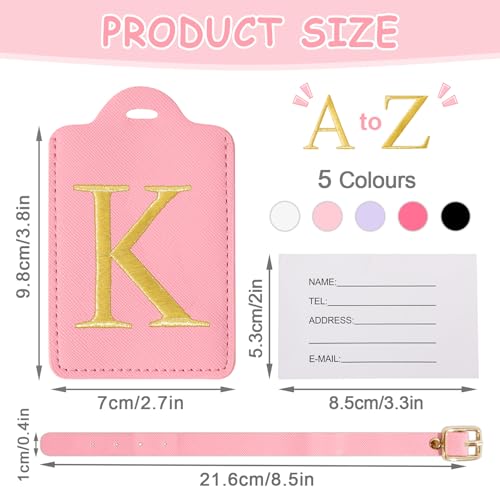 Image of Personalized Initial Luggage Tags for Suitcases, Cute PU Leather Embroidered Letter Travel Luggage Tags, Suitcase Identifier Name Baggage Tag, Bag Tags for Men Women Kids Luggage Handbags(Pink K)