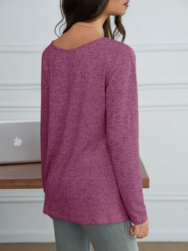 Fisoew Damen Langarmshirt Sexy Oberteile mit V-Ausschnitt Oversized Basic Longshirt Lose Einfabrig Langarm T-Shirt(Rot, XL)