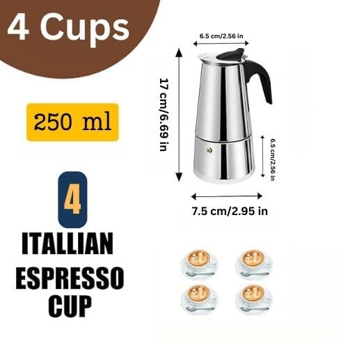 Image of Stovetop Espresso Maker Stainless Steel Moka Pot Espresso Maker Percolator Italian Coffee Maker Capable Mocha Coffee Machine Cafe Classic Maker for Home & Camping 360 ml (6 Cups)
