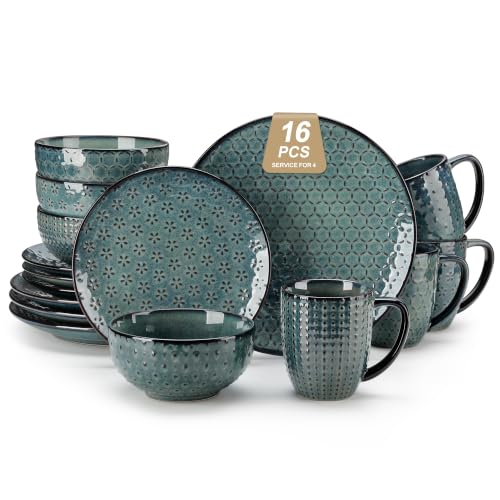 Image of MALACASA 16 Pieces Dinnerware Sets, Farmhouse Plates and Bowls Sets, Embossed Green Dish Set for 4, Vintage Relief Ceramic Dish Set with Mugs, Microwave and Dishwasher Safe, Series LYDIA