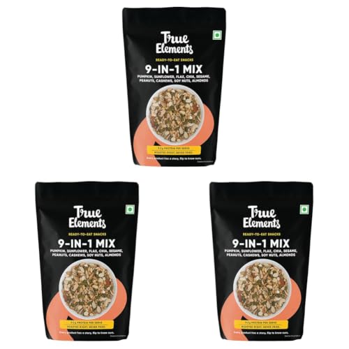 Image of True Elements 9 in 1 Snack Mix 125g - (Mix of Pumpkin, Watermelon, Flax, Chia, Sunflower, Peanuts, Soynuts, Almonds, Cashew Nuts) Healthy Snack (Pack of 3)