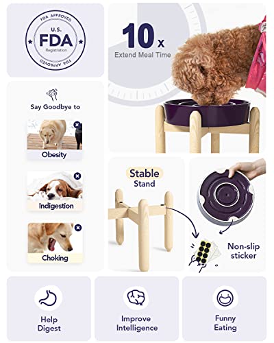 Le Tauci Ceramic Slow Feeder Dog Bowls Elevated For Small And Medium Breed, Dog Bowls With Wooden Stand, 1.5 Cups Dog Dishes To Slow Down Eating, Anti-Gulping Pet Feeding Dishes, Maze Purple #TOP5