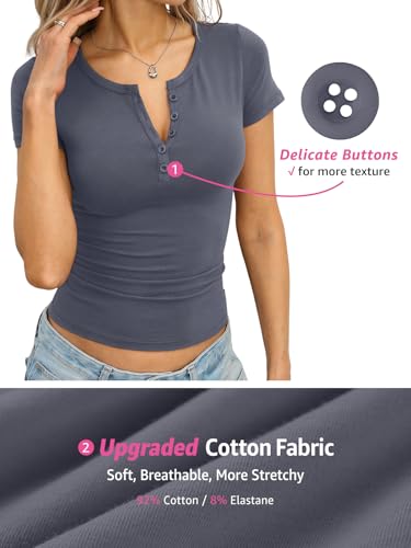 Image of EasyGala Womens Cotton Short Sleeve Shirts V Neck Henley Tops Basic Tees | 92% Soft Cotton, Slim Fitted, Henley Shirts, Short Sleeve, Trendy Going Out, Summer Fashion Outfits, Dressy Casual, Business