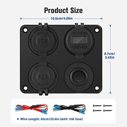 Thlevel 12V Car Charger Switch Panel PD Type C & QC3.0 USB Cigarette Lighter Socket LED Digital Voltmeter with ON/OFF Toggle Switch for Boat Truck Caravan