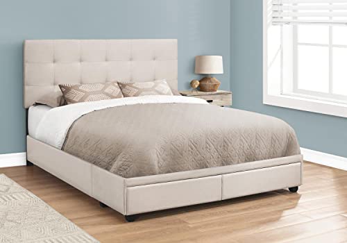 Monarch Specialties I 6021Q Bed, Queen Size, Platform, Bedroom, Frame, Upholstered, Linen Look, Wood Legs, Beige, Black, Transitional #TOP1