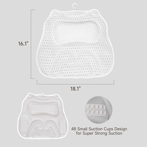 Bath Pillow with 48 Strong Suction Cups - 4D Air Mesh Bathtub Pillow for Neck, Head, Shoulder & Back Support - Extra Thick, Quick-Drying Spa Pillow with Built-in Hook(White)