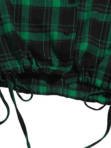 Verdusa Women's Ruched Drawstring Hem Plaid Print Button Down Crop Top Blouse Black And Green M #TOP3