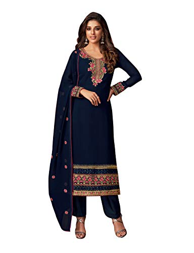 GRC Women's Georgette Embroidered Straight Readymade Indian/Pakistani Salwar Suit/Gown with Dupatta (Nevy Blue, XXXX-Large)