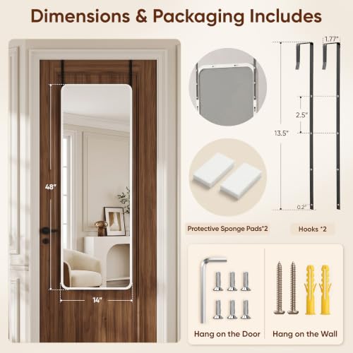 Suidia Full Length Mirror Over the Door&Wall Mounted, 48"x14" Door Mirror with Aluminum Alloy Frame, HD Shatterproof, No-Drill, Hanging Mirrors for Bedroom, Bathroom, Dorm, Closet, Rounded Rect, White by Suidia - Used condition - Image 5