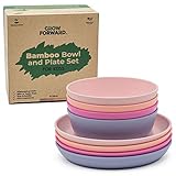 Grow Forward Kids Bamboo Bowl and Plate Set - 4 Bamboo Plates & 4 Bamboo Bowls - Toddler Dishes - BPA Free & Dishwasher Safe - Eco Friendly Biodegradable Reusable Dinnerware (Floral)