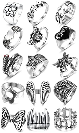 LOLIAS Y2K Gothic Vintage Punk Rings Snake Claw Cool Open Yinyang Stackable Rings Adjustable Boho Chunky Knuckle Rings Set Emo Rings Smiley Cross Butterfly Jewelry for Men Women 15-31Pcs