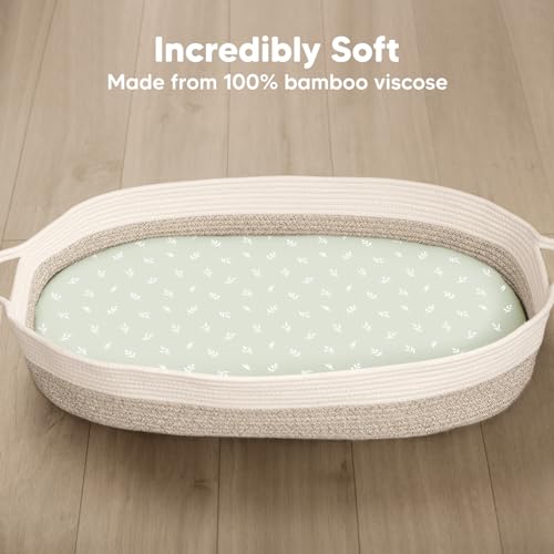 Image of 2-Pack Baby Bassinet Sheets Girl, Boy - 33x17 Viscose Derived from Bamboo Bedside Mattress Fitted Bassinet Sheets, Compatible with Halo Bassinest Swivel Sleeper, Baby Delight, Graco (Herb)
