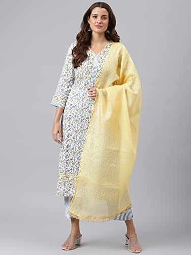 Image of GoSriKi Women's Cotton Blend Straight Printed Kurta with Pant & Dupatta (Mulhar STY-GO)