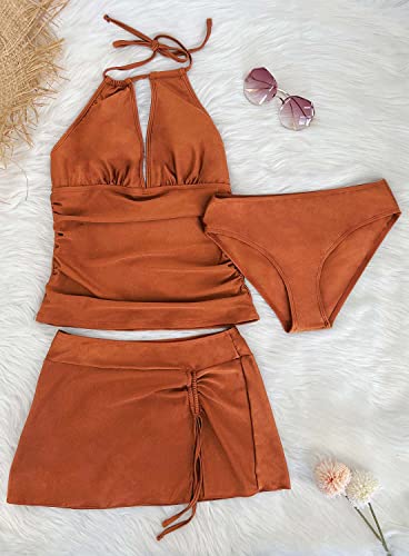Superprity Women Tankini Swimsuits Halter V Neck Open Back Bathing Suits With Drawstring Skirt Lace Up Tankini Sets-M,Coffee #TOP7