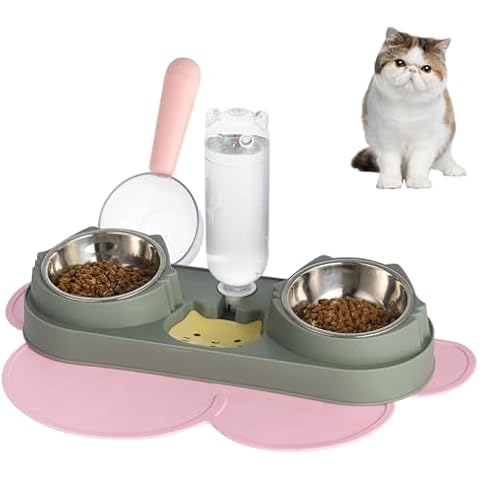FRIUSATE Triple Cat Bowls Food and Water Bowl Set, 15° Tilted Stainless Steel Raised Cat Bowls Dishes with Water Dispenser Bottle Non-Slip Mat Scoop Pet Feeder for Indoor Cats Small Dogs Kitten Puppy Cover