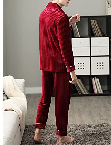 Snoly Men's Winter Velvet Velour Pajama Set Lounge Striped Sleepwear Pjs Nightwear With Long Sleeve2