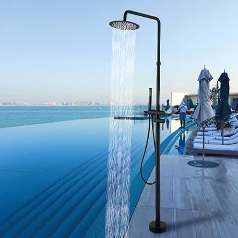 RBROHANT Freestanding Outdoor Shower Black, Height Adjustable Outside Showers for Backyard Garden Pool Beach, Outdoor Shower Fixtures with 10” Rain Shower Head and Handheld, Matte Black, JK0316 Cover