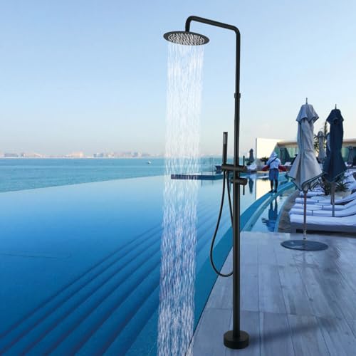 RBROHANT Freestanding Outdoor Shower Black, Height Adjustable Outside Showers for Backyard Garden Pool Beach, Outdoor Shower Fixtures with 10” Rain Shower Head and Handheld, Matte Black, JK0316